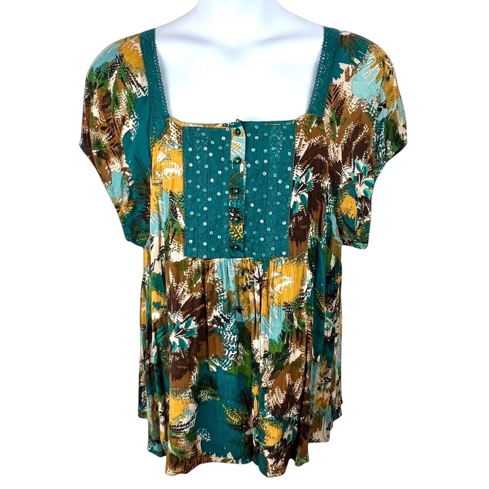 Womens Dressbarn 2X Multicolor Floral Boho Top with Sequin Details Short Sleeves